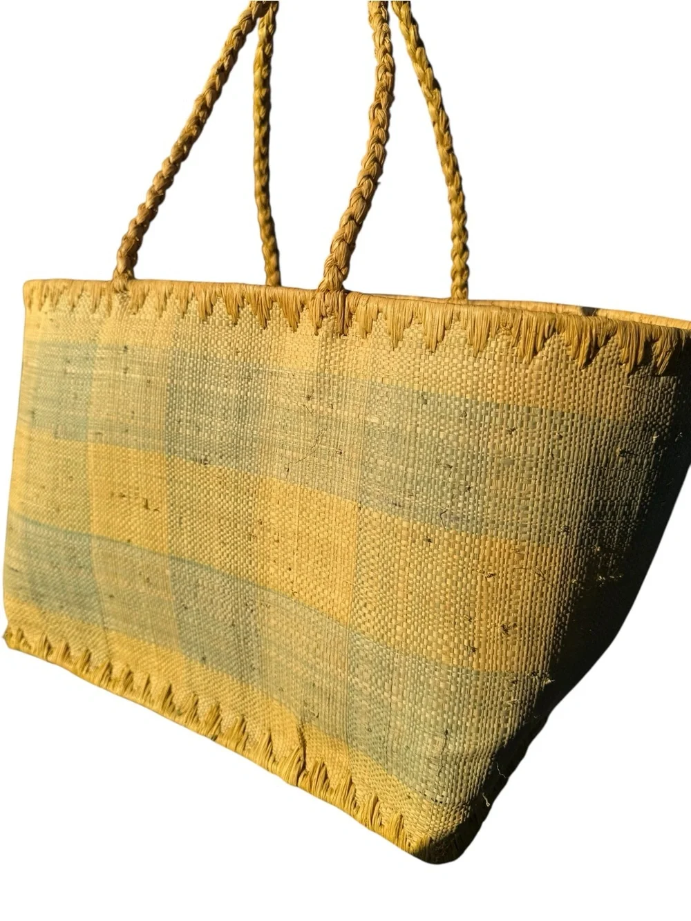 Annabel Ingall Butter Yellow Blue Raffia Tote Bag Handmade Madagascar Coastal